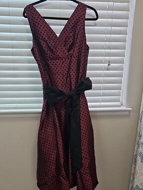 Sleeveless Burgundy Polka Dot Dress with Black Sash